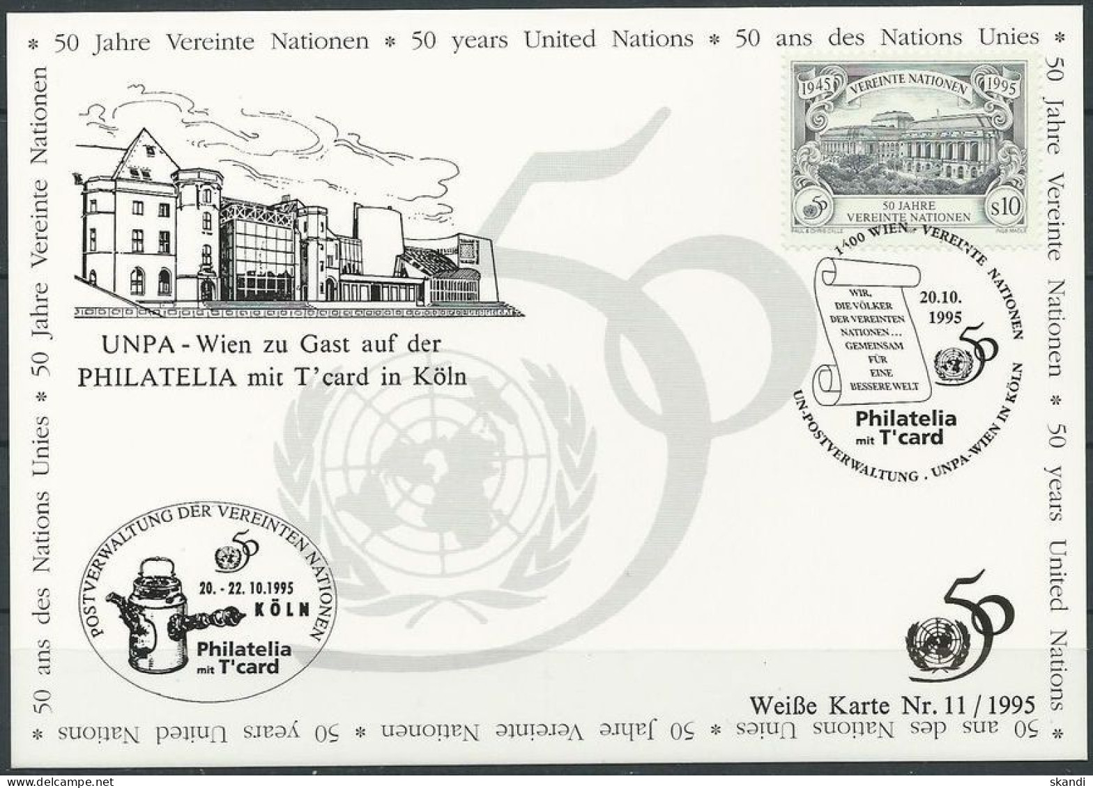 UNO WIEN 1995 Mi-Nr. 161 WEISSE KARTE - PHILATELIA KÖLN 20.10.1995 - Storia Postale