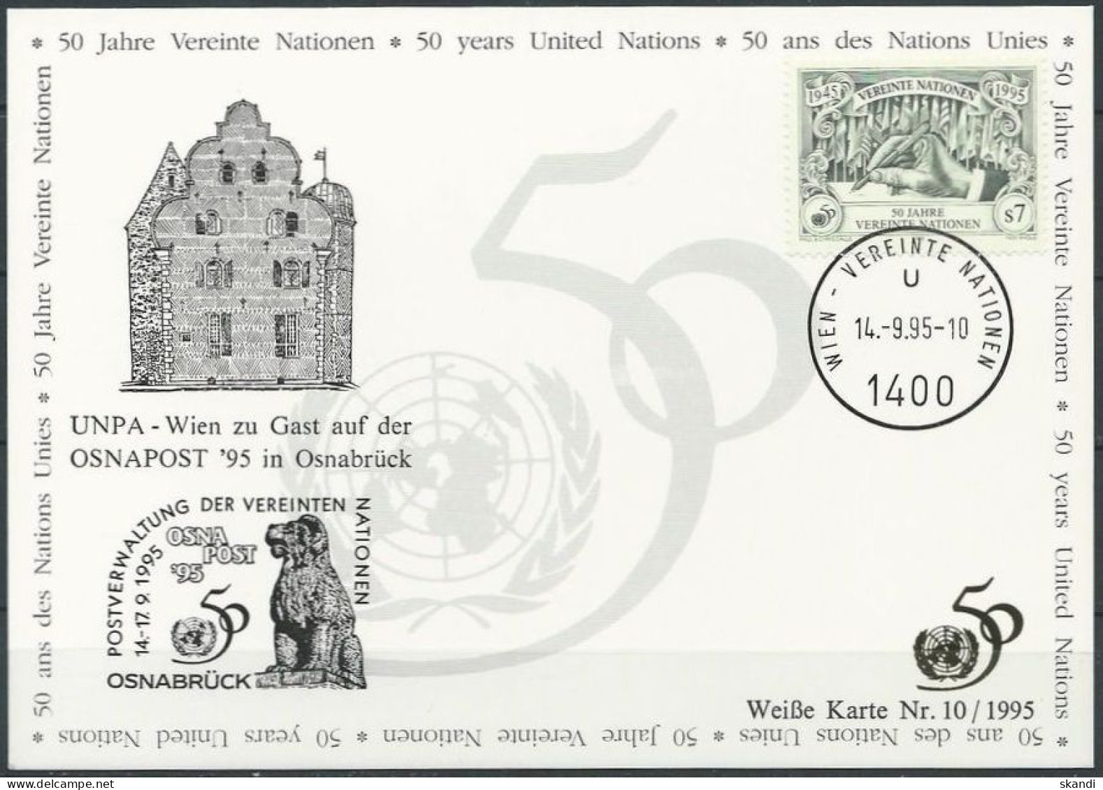 UNO WIEN 1995 Mi-Nr. 160 WEISSE KARTE - OSNAPOST OSNABRÜCK 14.09.1995 - Covers & Documents