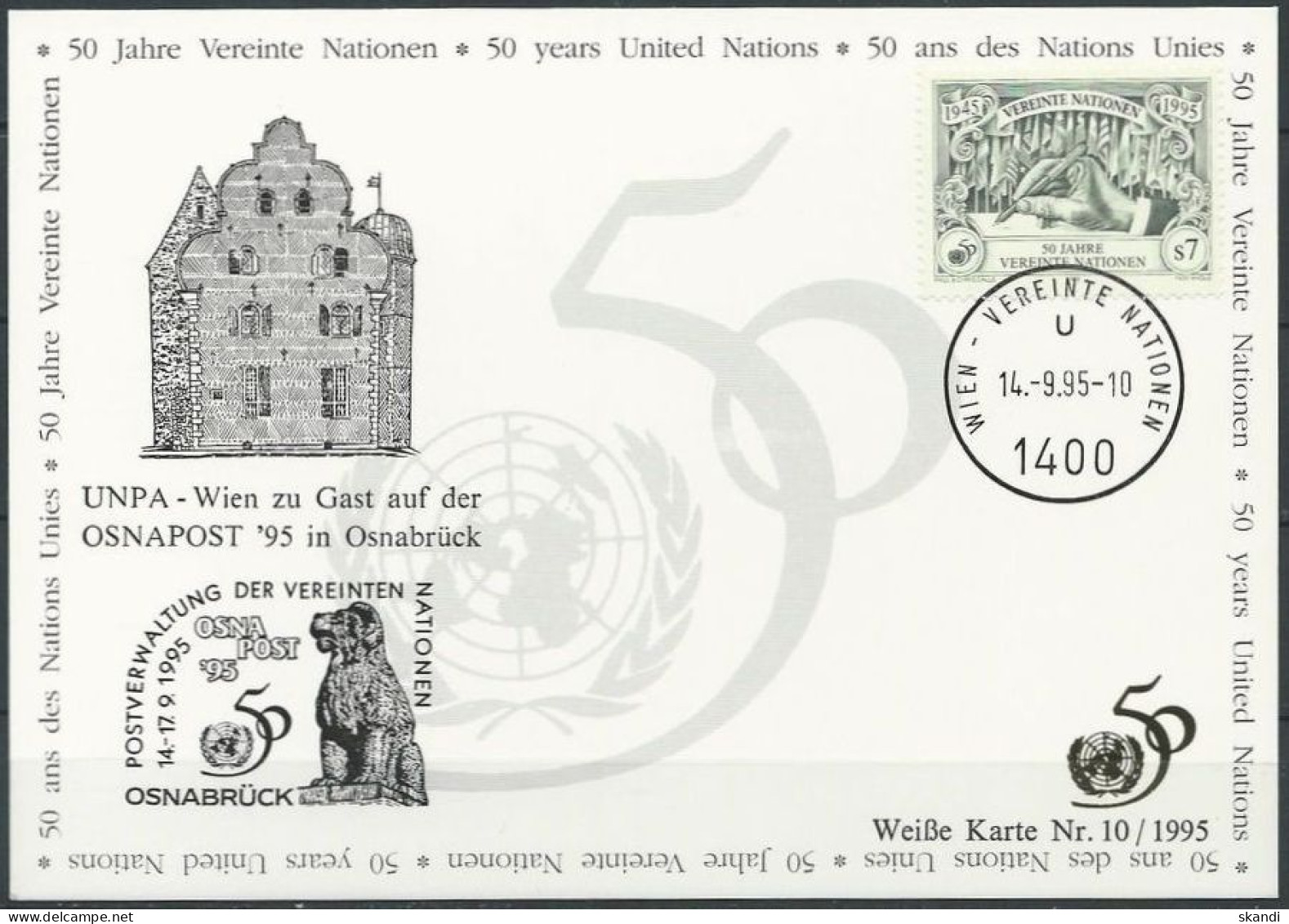 UNO WIEN 1995 Mi-Nr. 160 WEISSE KARTE - OSNAPOST OSNABRÜCK 14.09.1995 - Lettres & Documents