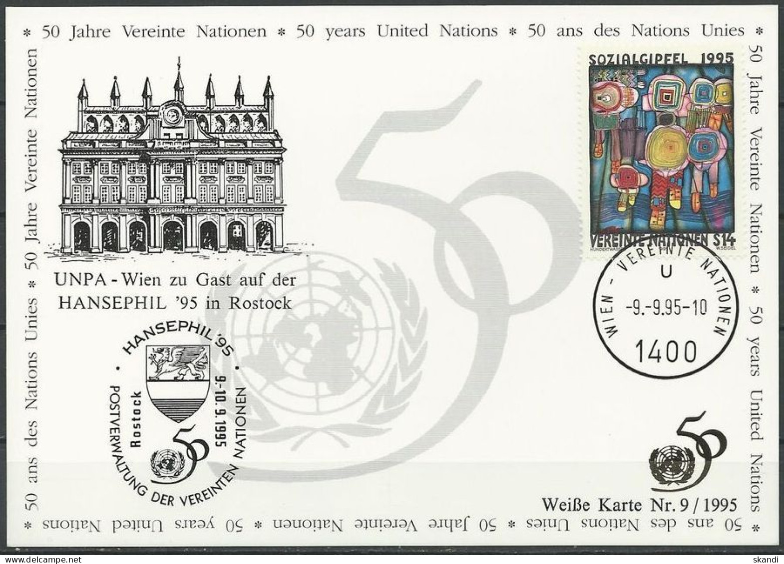 UNO WIEN 1995 Mi-Nr. 159 WEISSE KARTE - ROSTOCK 09.09.1995 - Covers & Documents