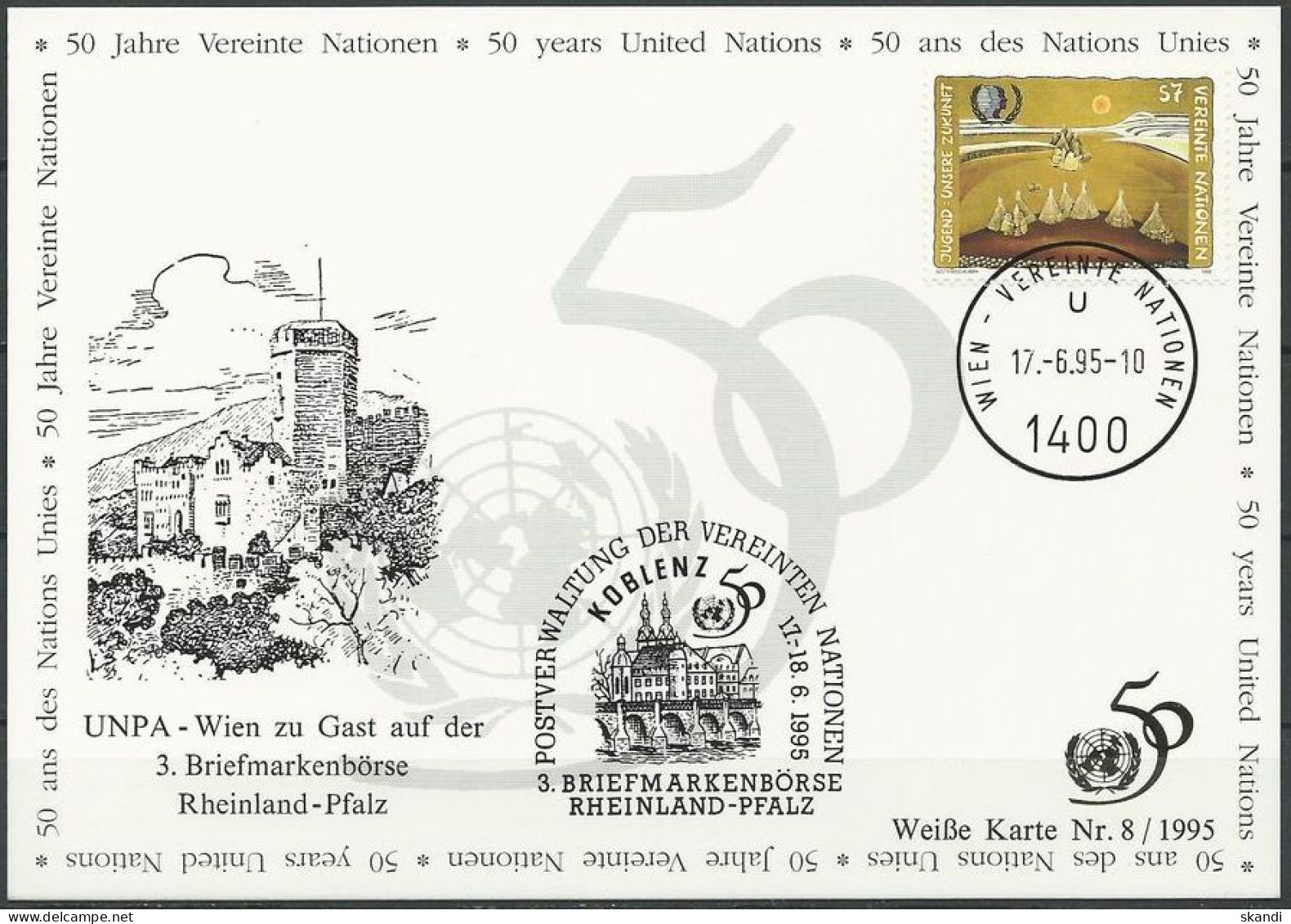 UNO WIEN 1995 Mi-Nr. 158 WEISSE KARTE - KOBLENZ 17.06.1995 - Covers & Documents