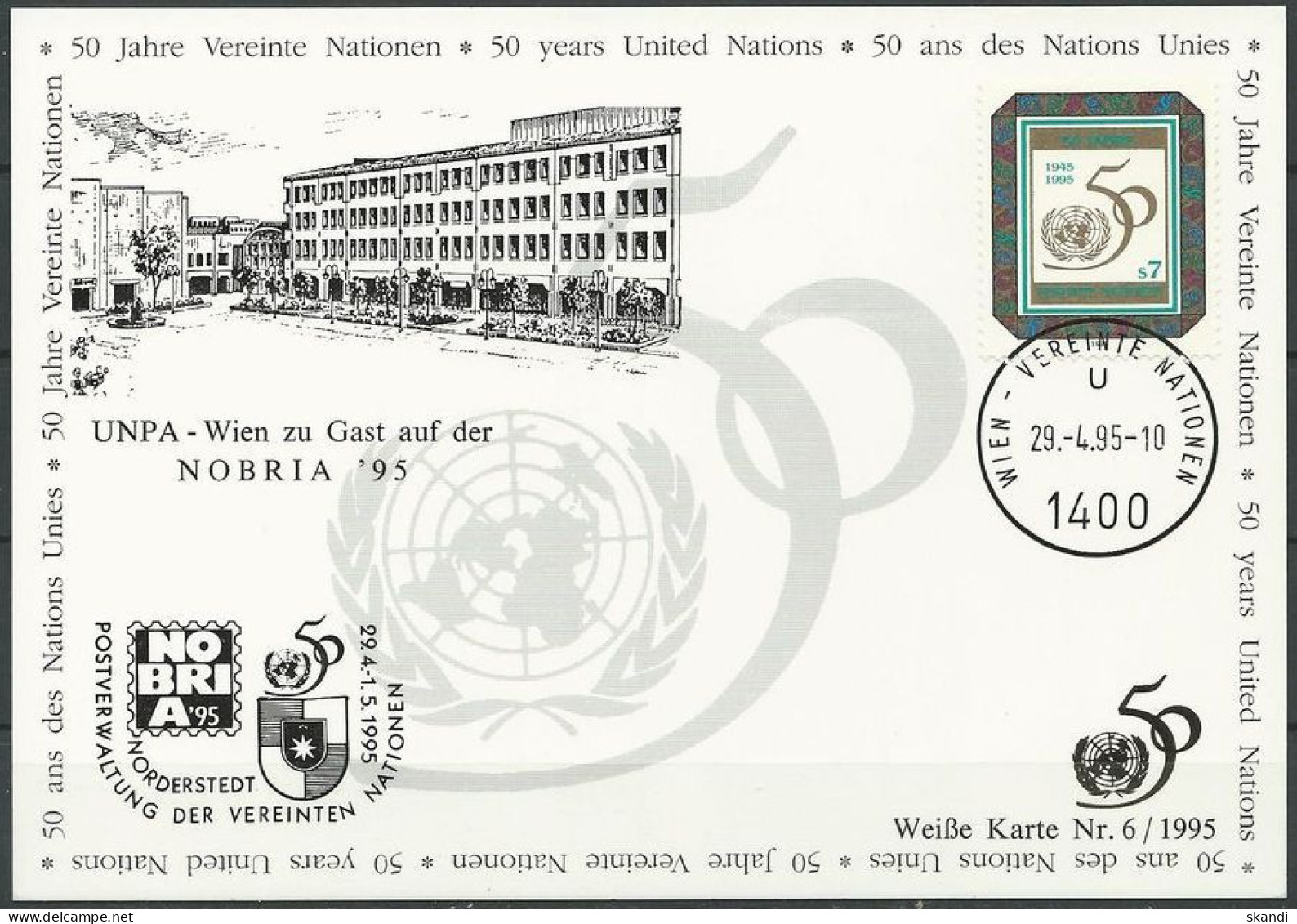 UNO WIEN 1995 Mi-Nr. 156 WEISSE KARTE - NOBRIA NORDERSTEDT 29.04.1995 - Cartas & Documentos