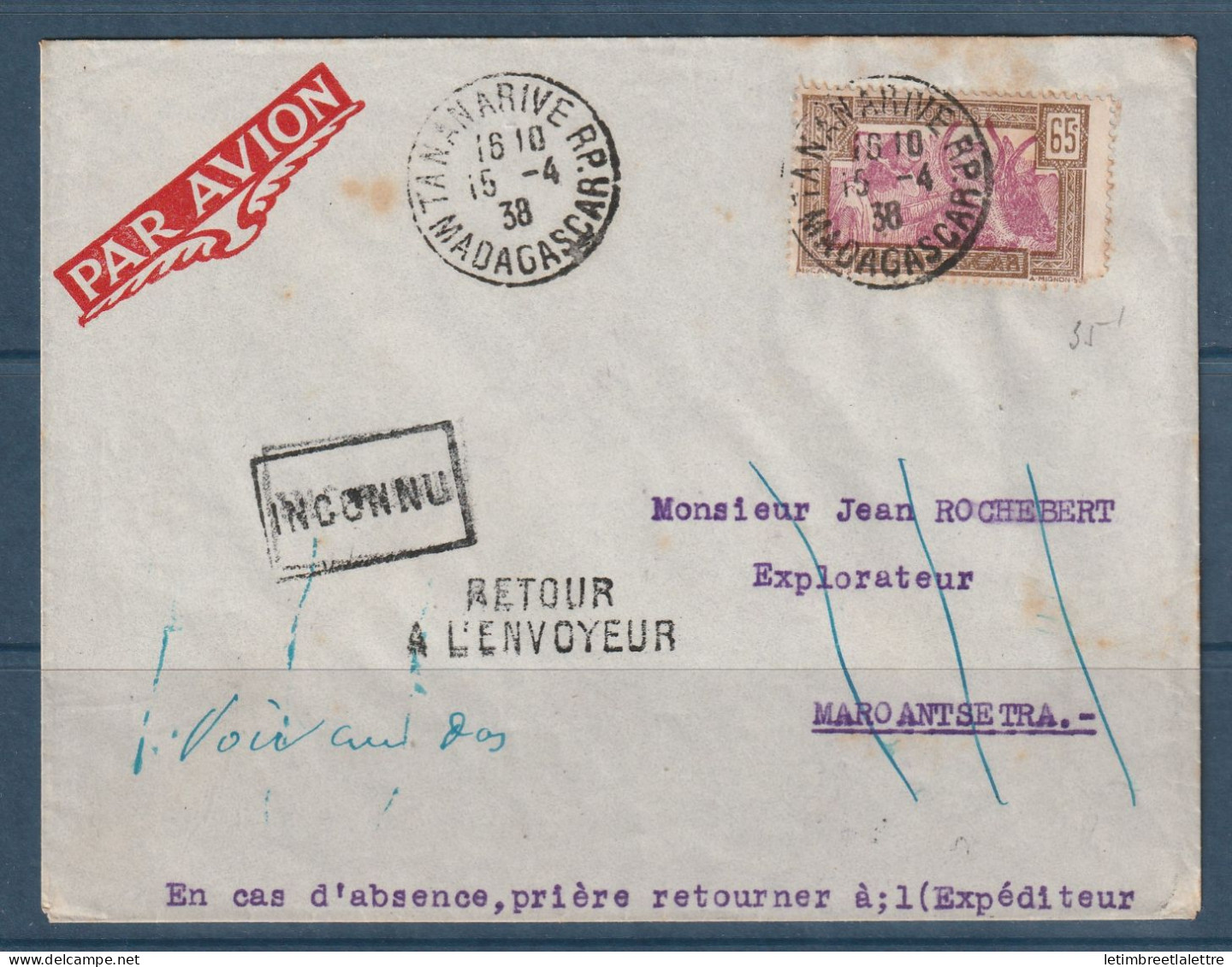 Madagascar - YT N° 172 - Vol Intérieur à Madagascar - Première Liaison Régulière - Tananarive Maroantsetra - 1938 - Airmail
