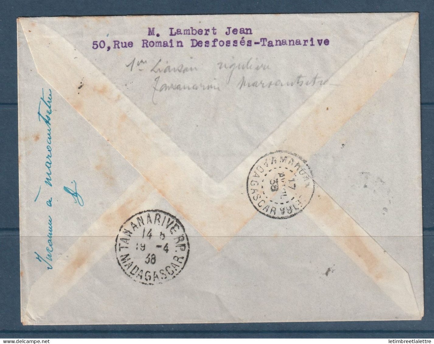 Madagascar - YT N° 172 - Vol Intérieur à Madagascar - Première Liaison Régulière - Tananarive Maroantsetra - 1938 - Poste Aérienne