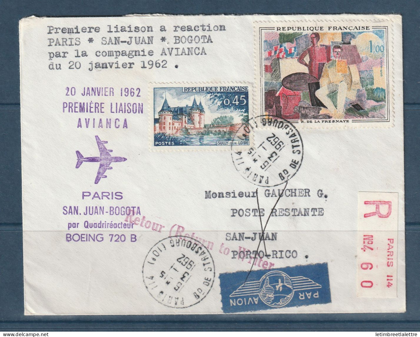 France - Première Liaison A Réaction Paris San Juan Bogota Par La Compagnie Avianca - En Recommandé - 1962 - Premiers Vols