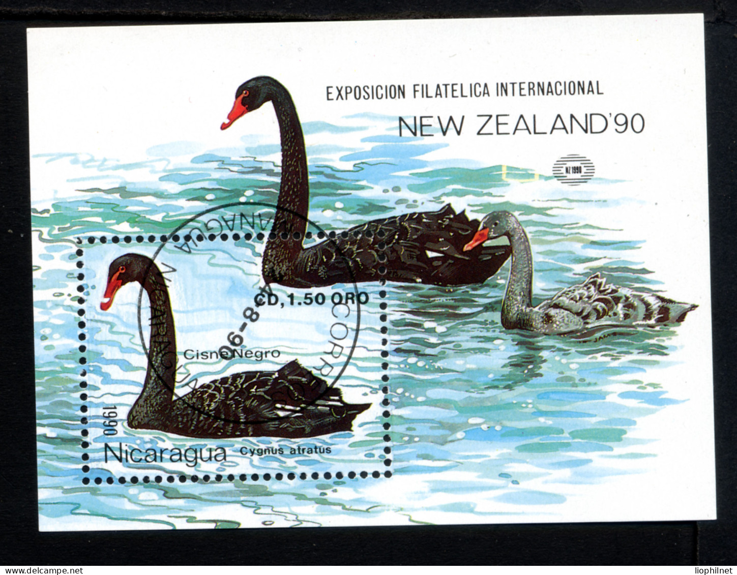 NICARAGUA 1990, EXPOSITION INTERNATIONALE NEW ZEALAND 90, CYGNES, 1 Bloc Oblitéré / Used. R165 - Cygnes