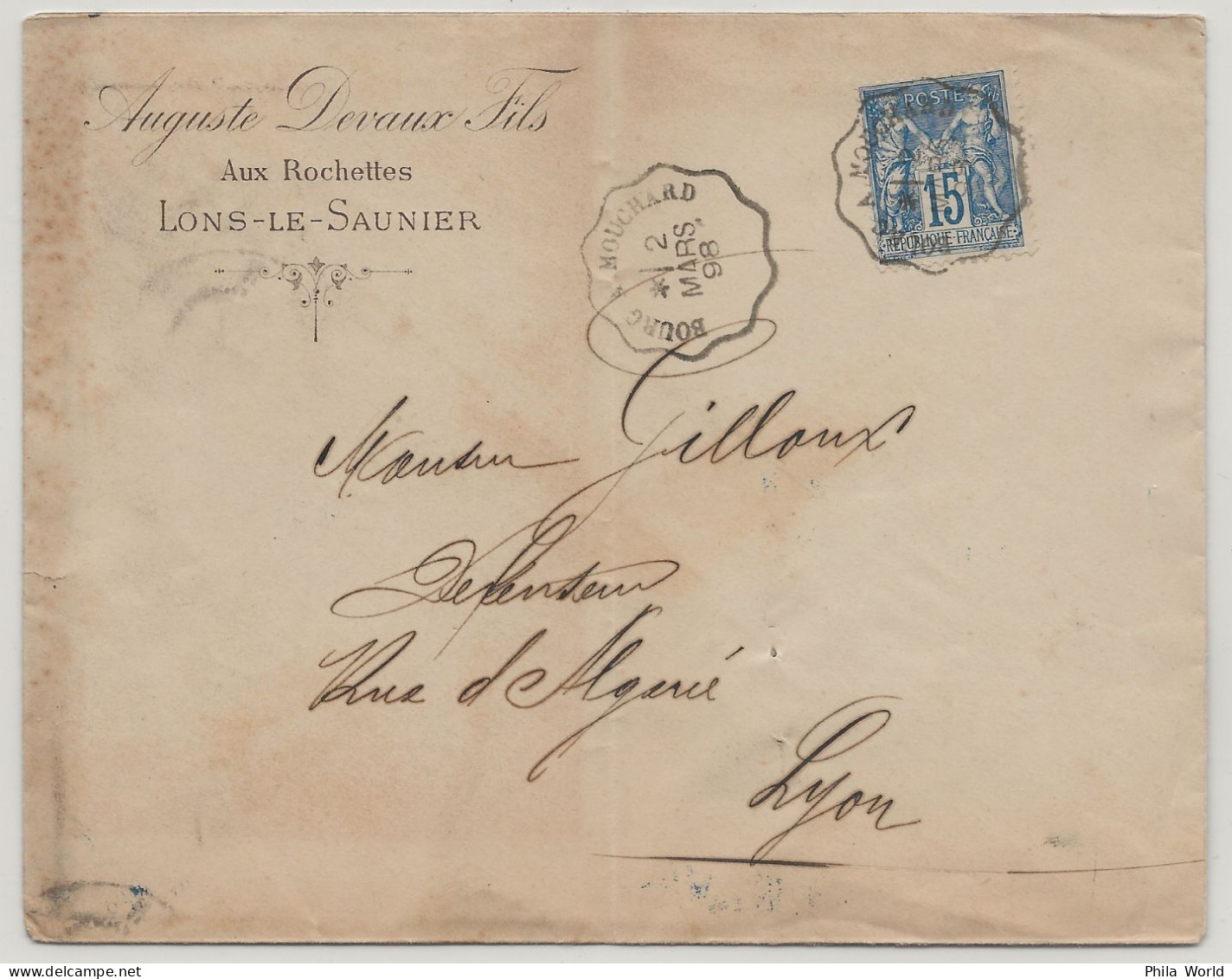 FRANCE Type SAGE Type II N Sous U Mars 1898 15 C Bleu Sur Lettre LONS SAUNIER Ambulant BOURG MOUCHARD Pour LYON - 1876-1898 Sage (Type II)