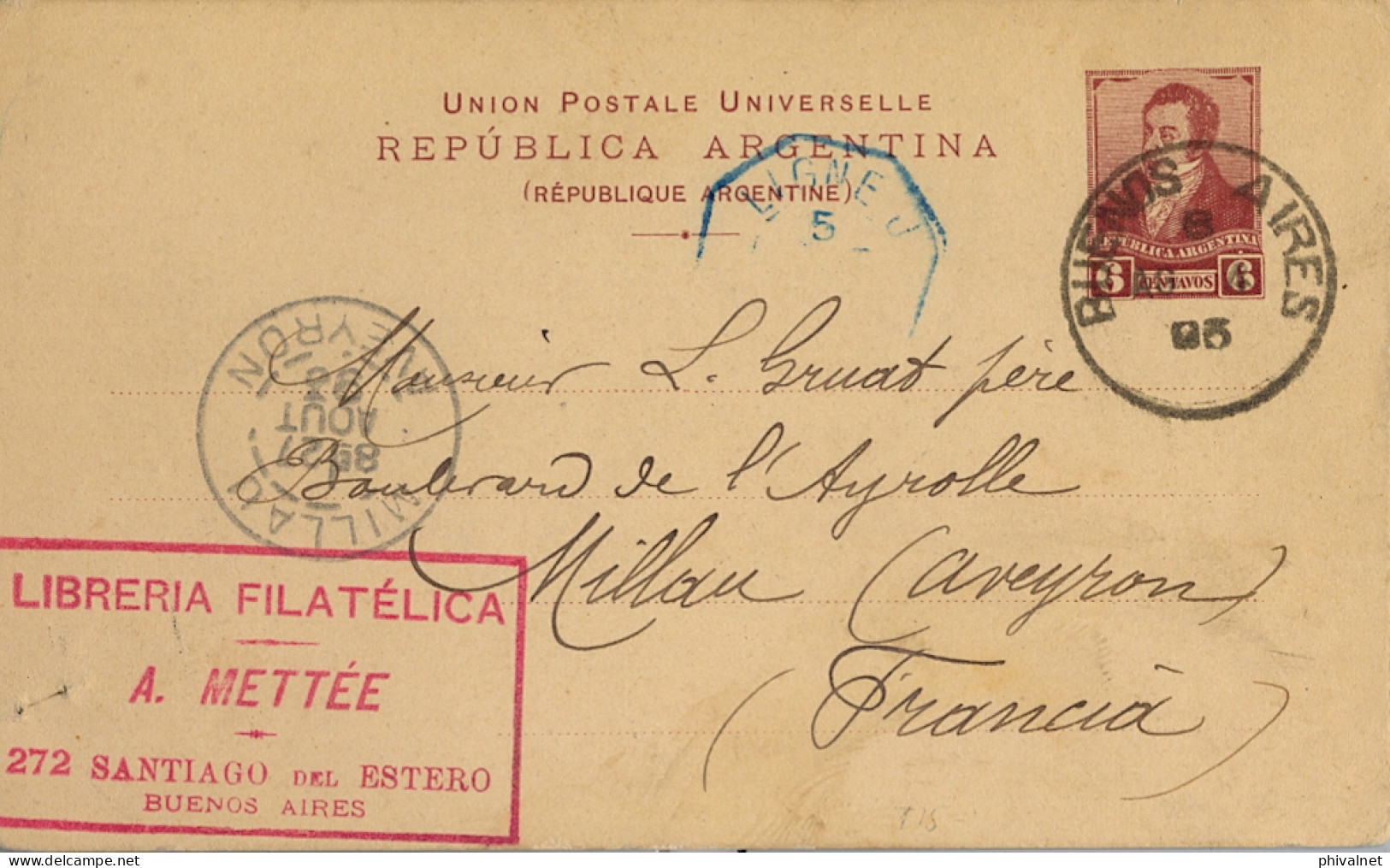 1893 ARGENTINA , T. ENTERO POSTAL CIRC. BUENOS AIRES - AVEYRON , CORREO MARÍTIMO , PAQUEBOT LIGNE J  - Lettres & Documents