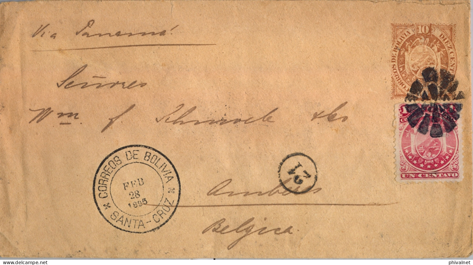 1895 BOLIVIA , SOBRE ENTERO POSTAL CIRCULADO VIA PANAMÁ , SANTA CRUZ - AMBERES , LLEGADA AL DORSO , TRÁNS. CALLAO /PERÚ  - Bolivië