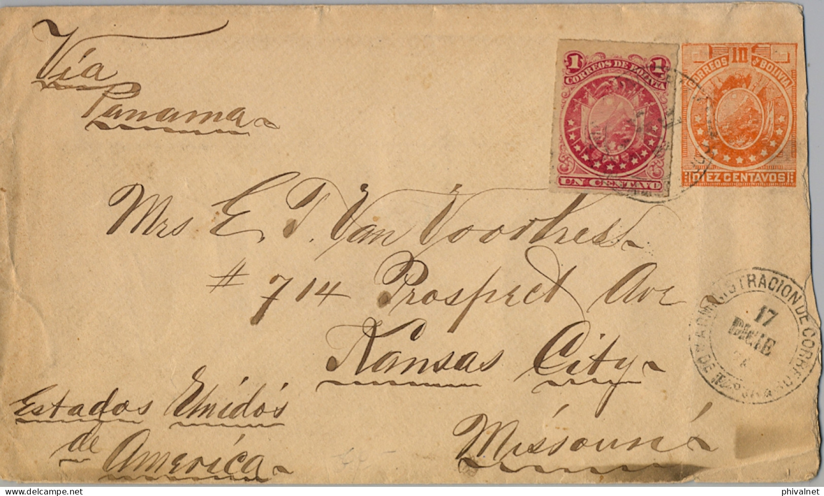 1892 BOLIVIA , SOBRE ENTERO POSTAL CIRCULADO VIA PANAMÁ , TARIJA - KANSAS CITY , TRÁNSITOS PERÚ Y NEW YORK - Bolivië