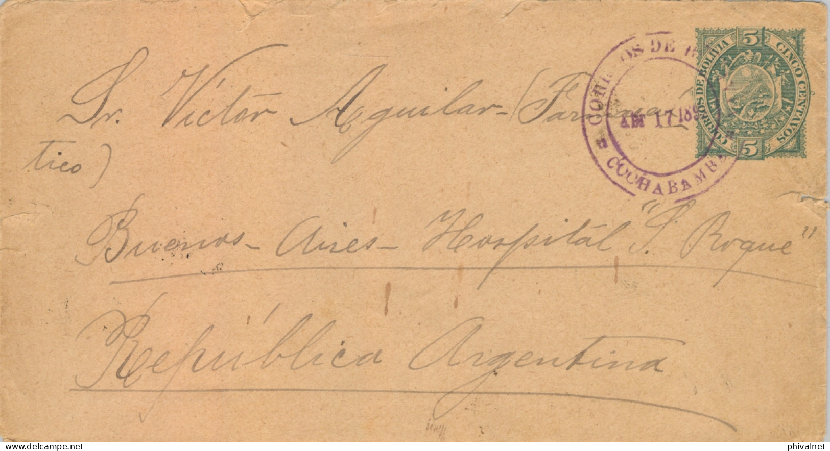 1895 BOLIVIA , SOBRE ENTERO POSTAL CIRCULADO COCHABAMBA - BUENOS AIRES , TRÁNSITOS UYUNI , JUJUY , LLEGADA - Bolivië