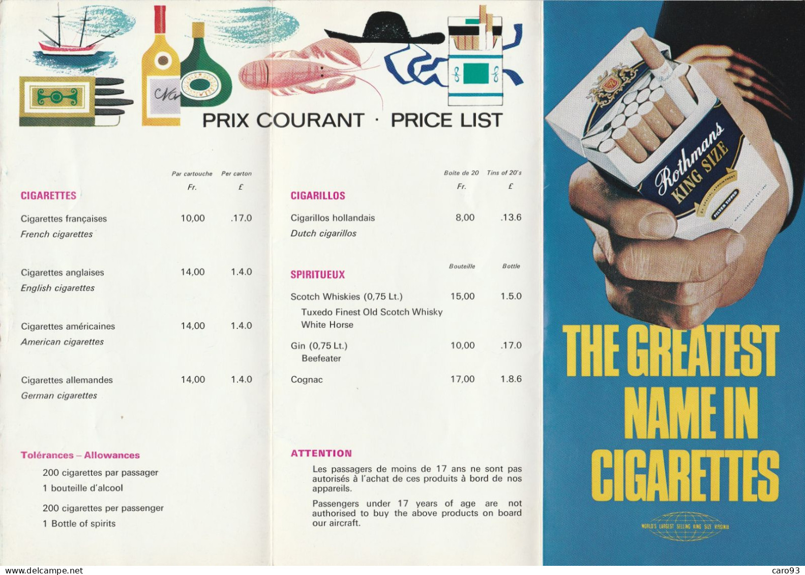 Rousseau Aviation Dinard Dépliants Des Prix Courants Années 70 (?) (avec Publicité Cigarettes Stuyvesant Et Rothmans) - Sport & Turismo