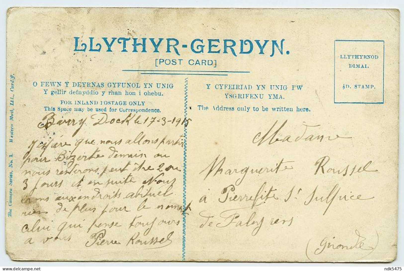CARDIFF / BARRY DOCKS? / WESTERN MAIL, 1915 / PIERREFITTE ST SULPICE DE FALEYRENS (ROUSSEL) - Glamorgan
