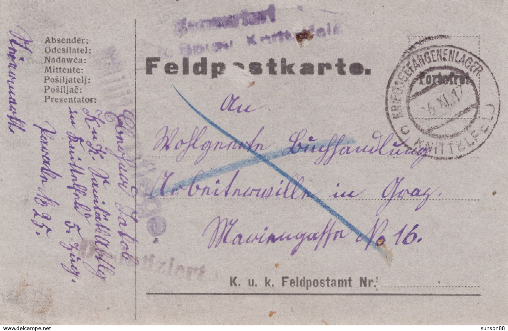 Austria WWI. Disinfected P.O.W. Field PC. 1917.XI.6. To Graz , Desinfiziert  KRIEGSGEFAN - Santé