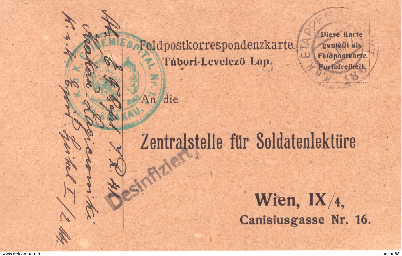 Austria WWI. Disinfected P.O.W. Field PC. 1917  “K.u.K..EPIDEMIESPITAL Nr.1(?) / In KRAKAU“ In Green Double-circle. - Santé