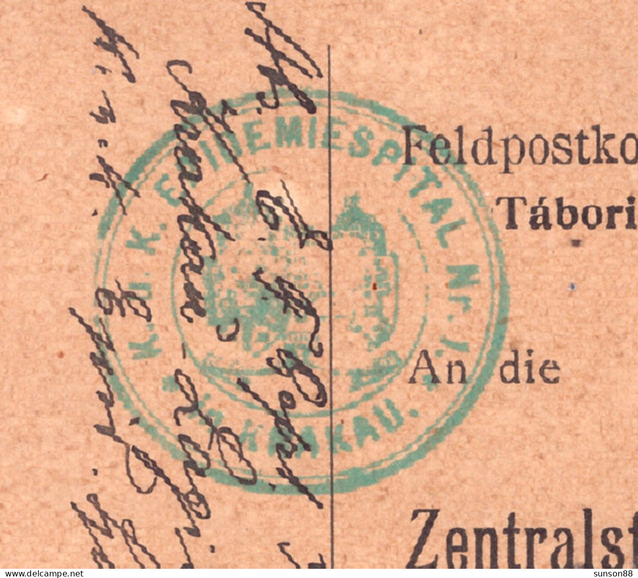 Austria WWI. Disinfected P.O.W. Field PC. 1917  “K.u.K..EPIDEMIESPITAL Nr.1(?) / In KRAKAU“ In Green Double-circle. - Santé