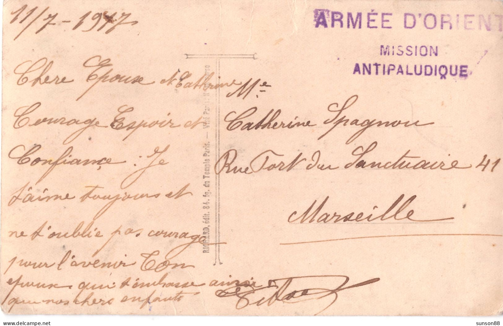 Mosquito, Malaria Medicine, Insect. France.1917. Picture Postcard.  Blue Cachet-3 Lines; “ARMEE D’ORINET / MISSION AN - Santé