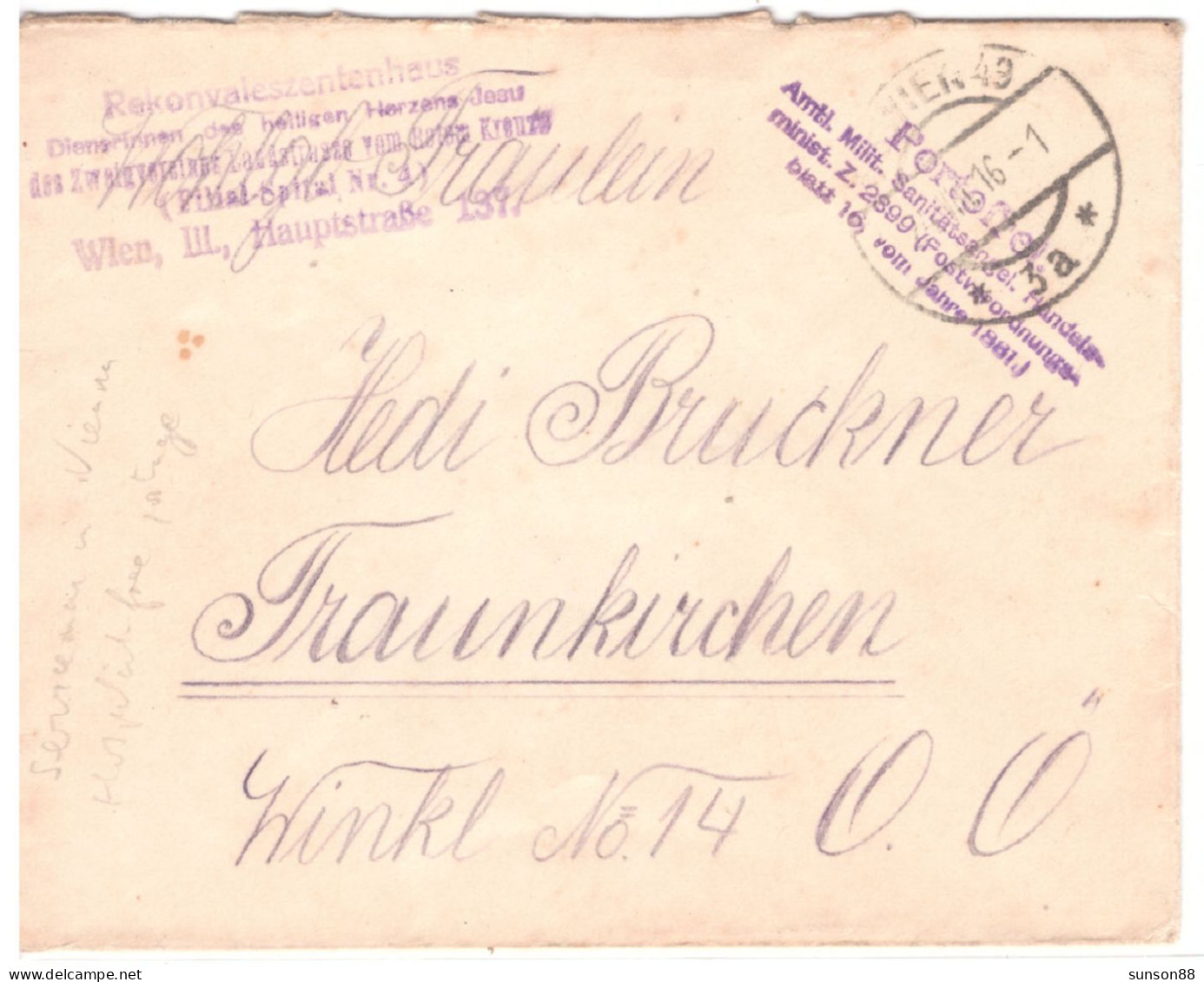 WWI Austria Cover.1916. 5 Lines Cachet; Rekonvaleszentenhaus - Santé