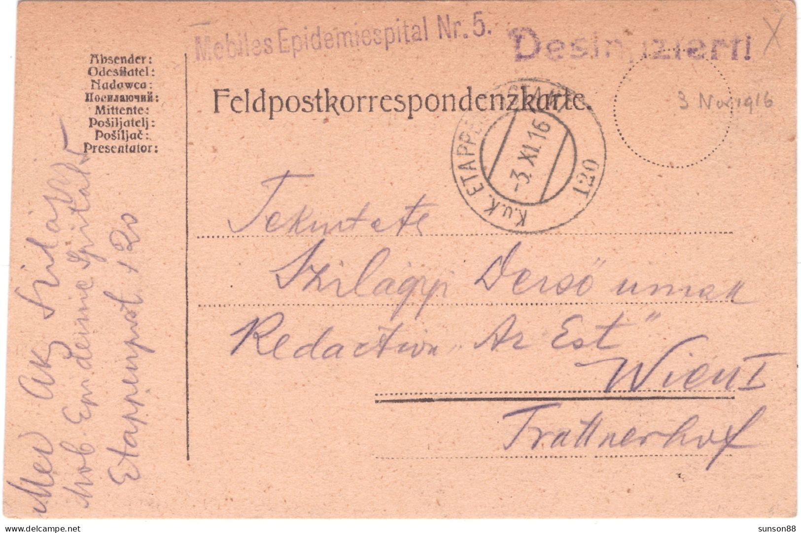 Disinfected POW Camp.fieldpost Postcard 1916.XI.3.  Violet Linear Cachet : Desinfiziert!  Violet Linear Cachet : Mobiles - Santé