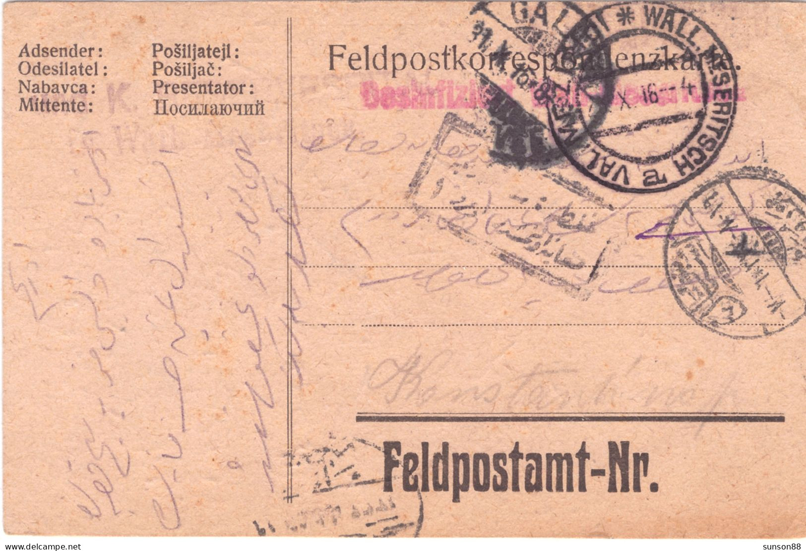 Disinfected Isolated POW Camp.fieldpostcard 1916.V.30.  Violet Linear Cachet : Desinfiziert!  Two Lines Violet Cachet - Santé