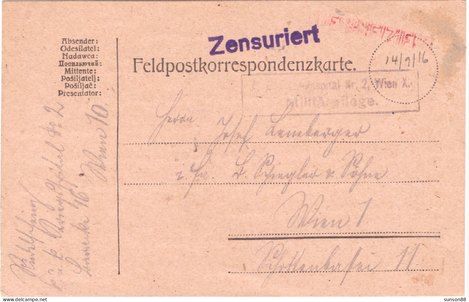 Disinfected WWI Fieldpost Postcard 1916.(9.14.)  Red Linear Cachet : Desinfiziert  Red “Zensuriert”..red Arabic Letter - Santé