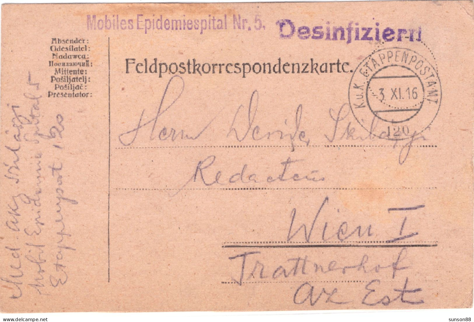 Disinfected WWI Fieldpost Postcard 1916  Blue Linear Cachet : Desinfiziert(41mm)   Mobiles Epidemiespital - Santé