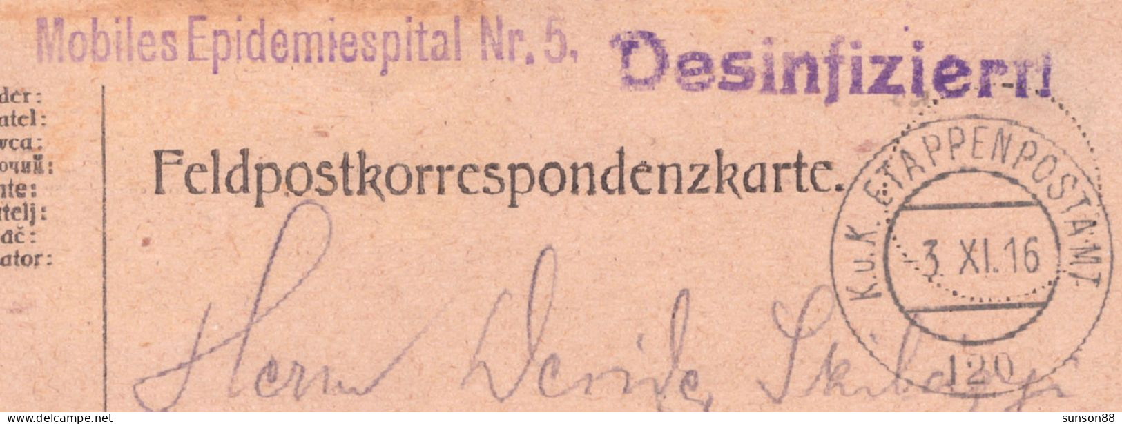 Disinfected WWI Fieldpost Postcard 1916  Blue Linear Cachet : Desinfiziert(41mm)   Mobiles Epidemiespital - Santé