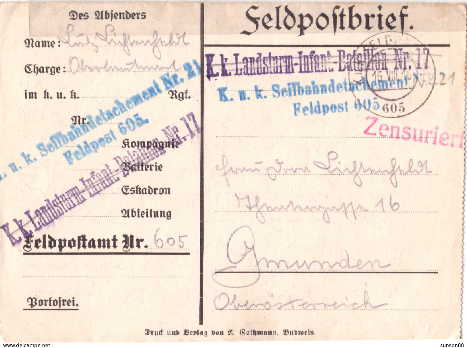 Medicine.Railroad.Austria WWI. 1916. Fieldpost Cover(lettersheet).  “K.u.K. Seilbahndetachement Nr.21. Feldpost 605. - Santé