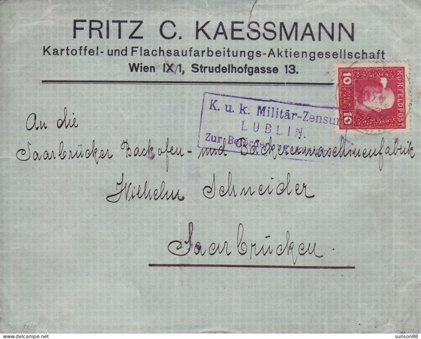 Austria WWI. Fieldpost Cover.  “KuK Militar-Zensur LUBLIN Zur Beforger Geeign ” Tied With Single K.U.K.FELDPOST Franz - Santé