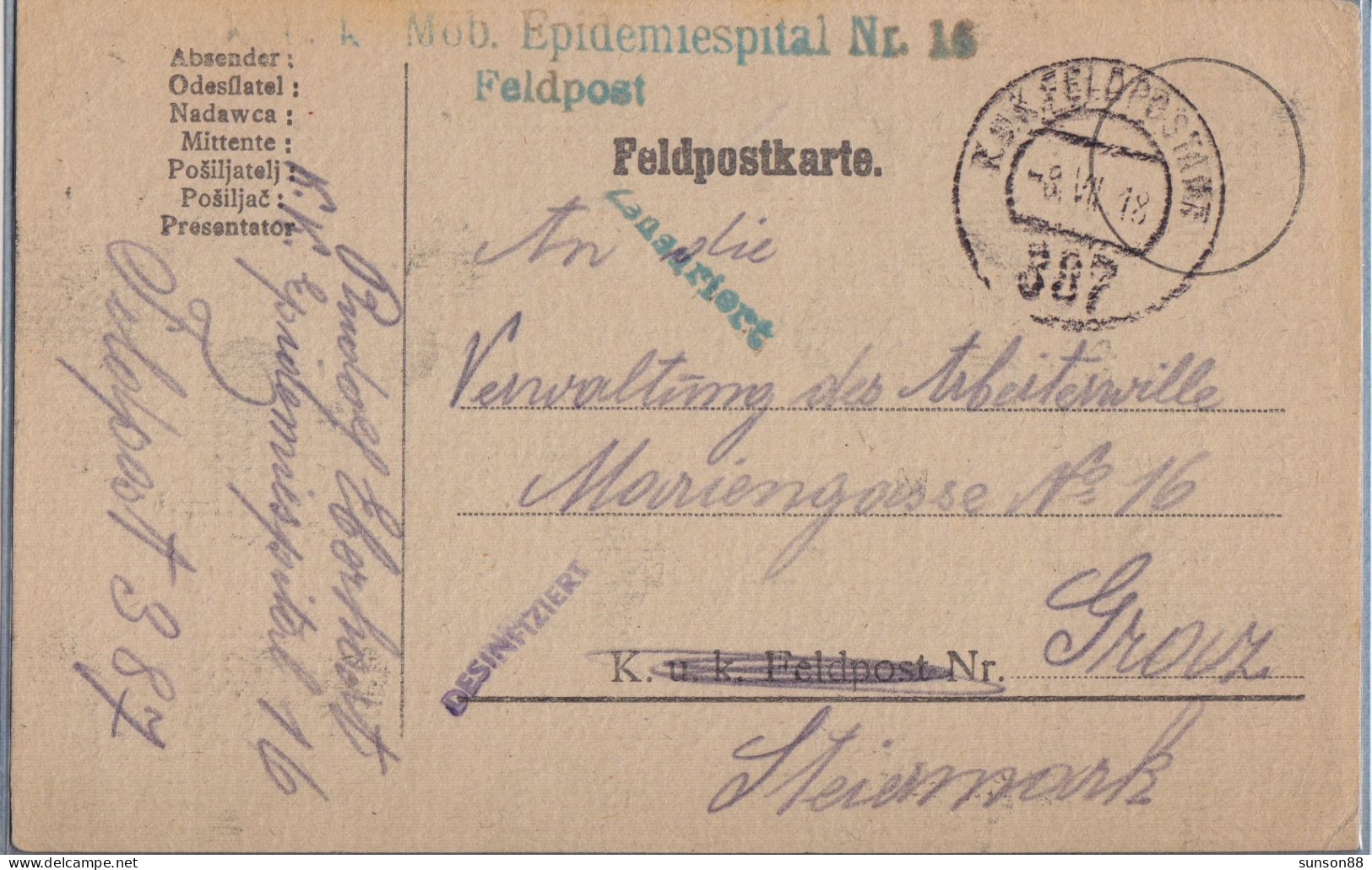 WWI Austria Fieldpost Postcard, 1918.   "DESINFIZIERT"  And "K.u.K. Mob.Epidemiespital - Santé