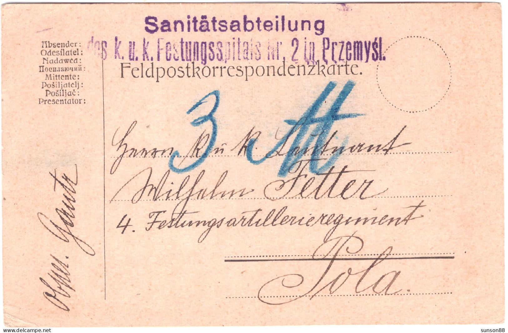 WWI Sieze Of Prozenisyl Austria Fieldpost Postcard,1915.   To Fortress Artillery Regiment In Pola(Croatia), - Santé