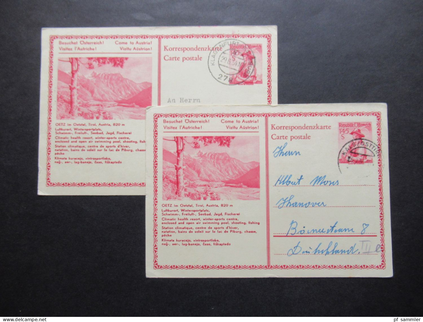 Österreich 1954 2x Bildganzsache Oetz Im Oetztal 1x Mit Stempel Verkehrsverein Kals Osttirol Beide Nach Hannover Gesend - Cartes Postales