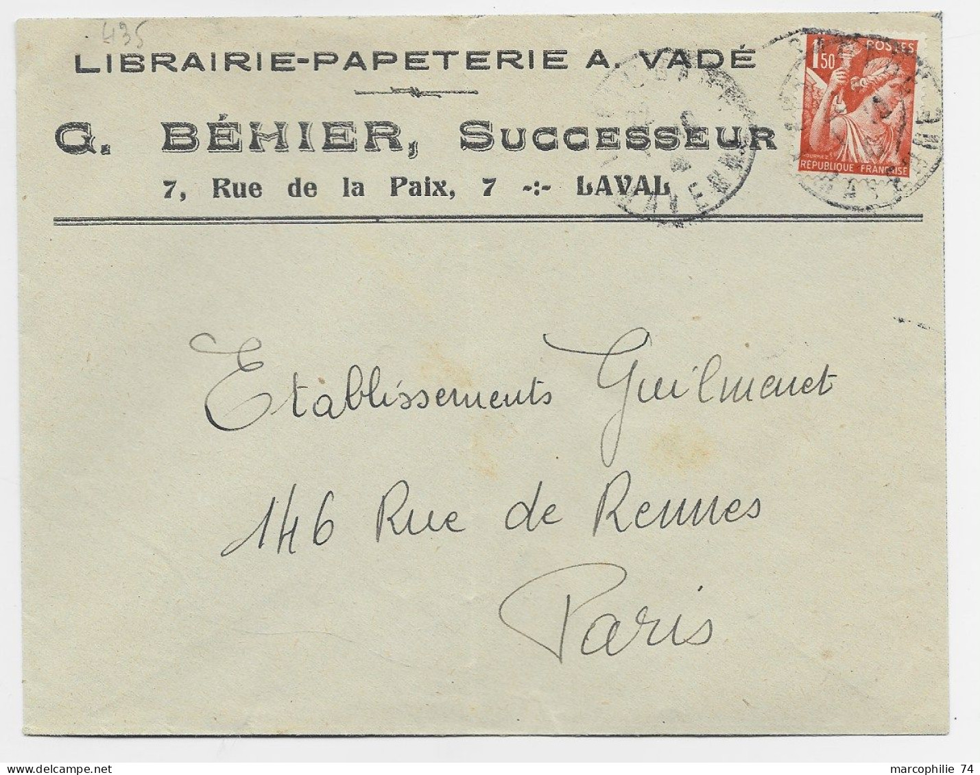 FRANCE IRIS 1FR50 ORANGE SEUL LETTRE DAGUIN TRACES PISTON LAVAL 1941 AU TARIF - 1939-44 Iris