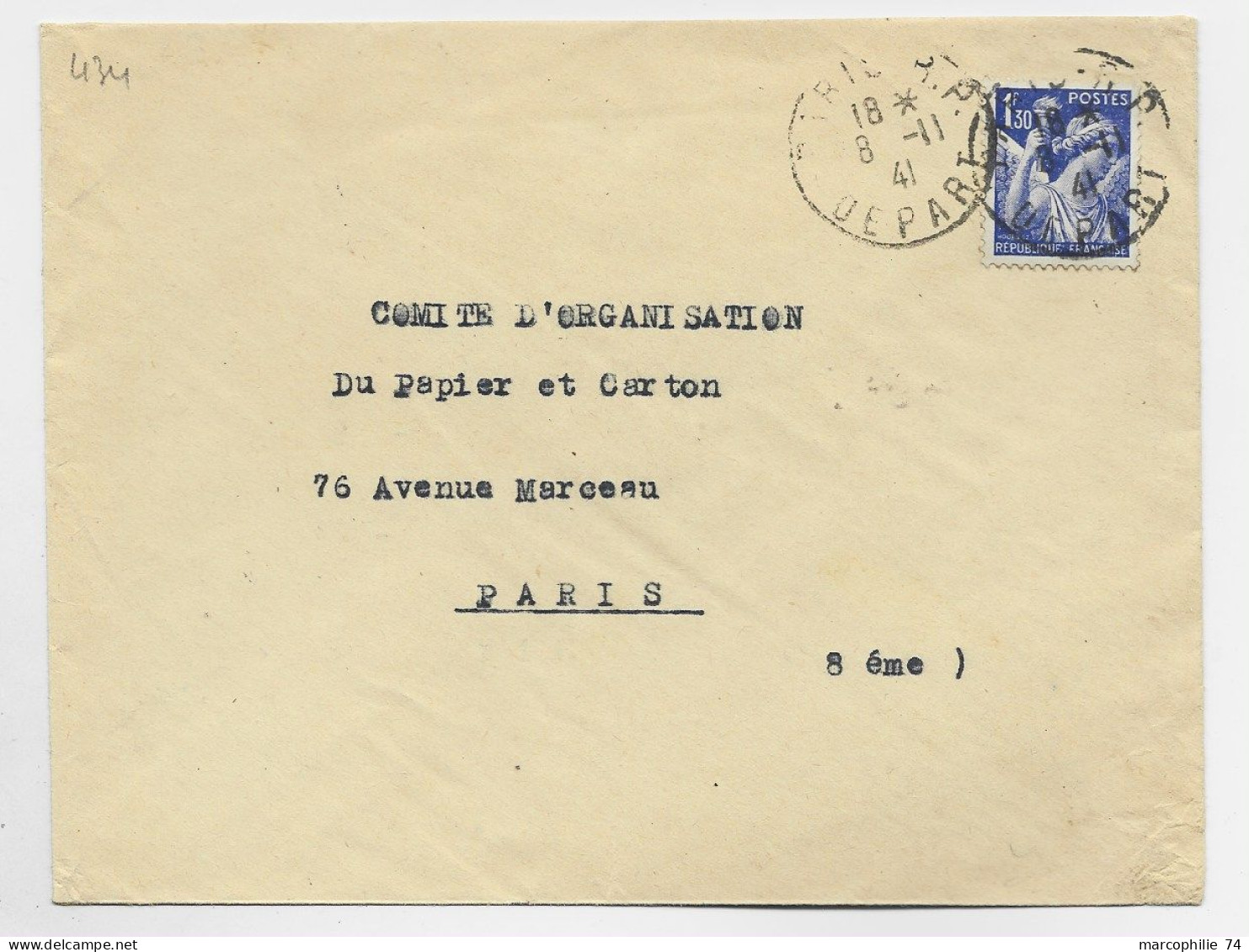 FRANCE IRIS 1FR30  SEUL LETTRE PARIS RP 8.11.1941 DEPART AU TARIF 2EME - 1939-44 Iris