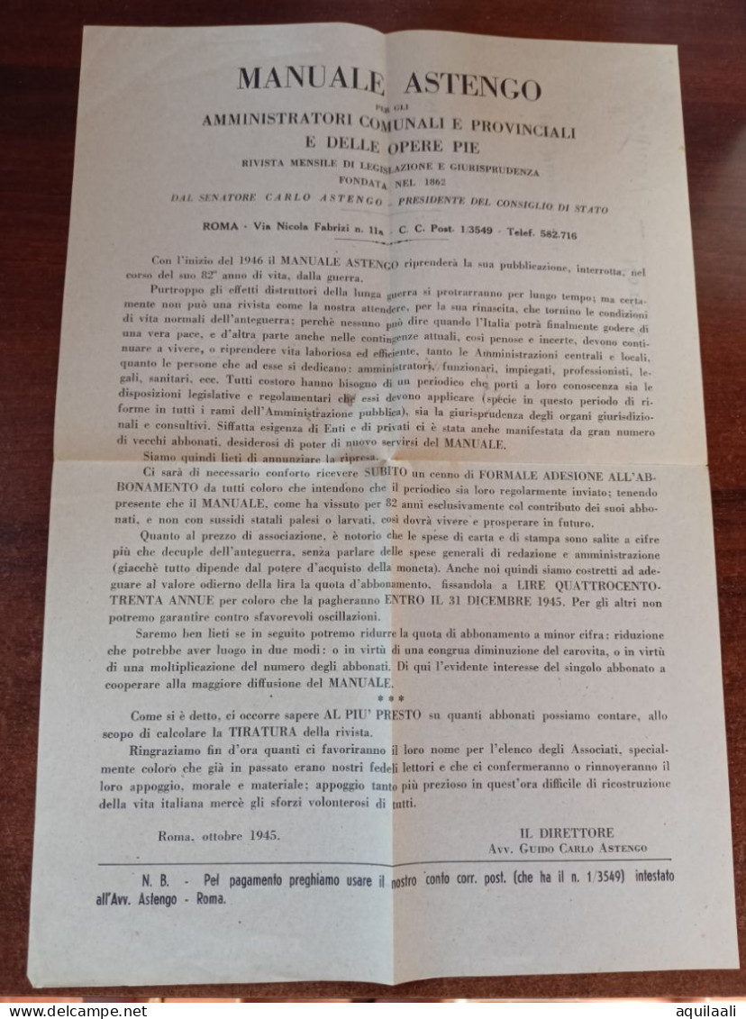 Manuale Astengo Ottobre 1945, Richiesta Di Abbonamento. - Manuscrits