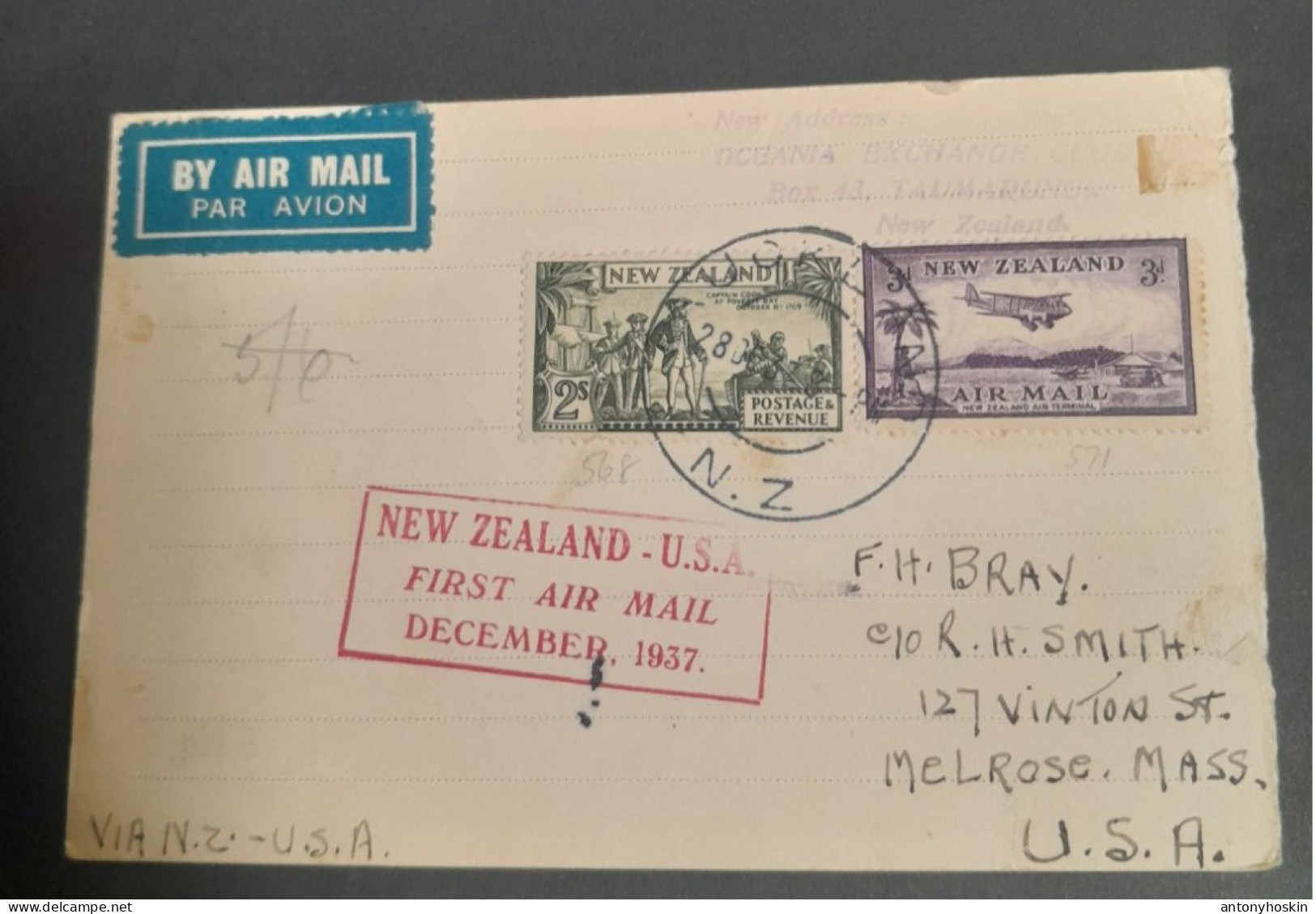 28 December 1937 First Airmail New Zealand -USA. - Corréo Aéreo