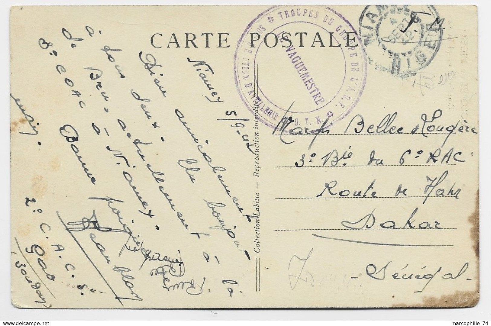 NIGER CARTE TACHEE ANGLE + CACHET VIOLET TROUPES DU GROUPE AOF ECRITE NIAMEY 5.9.1942 - Cartas & Documentos