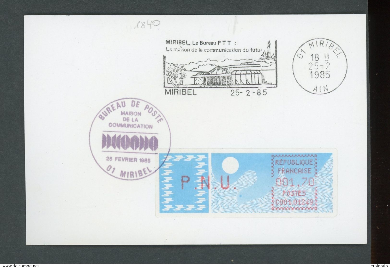 FRANCE - TIMBRES DE DISTRIBUTEUR LSA TYPE A - PNU 1,70 MIRIBEL (C001 01249) SUR CARTE DE MIRIBEL DU 25/2/1985 - 1985 Carta « Carrier »