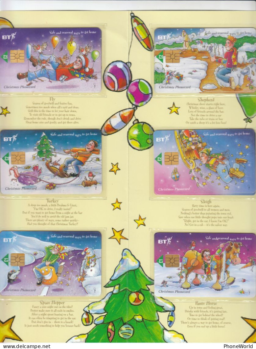 BT Folder With 6 Anti-drink Christmas Phonecards, Including Space Hopper And Panto Horse, Mint - BT Emissioni Tematiche Aerei Civili