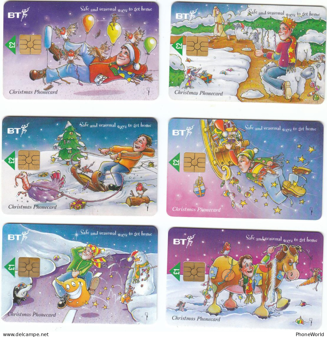 BT Folder With 6 Anti-drink Christmas Phonecards, Including Space Hopper And Panto Horse, Mint - BT Emissioni Tematiche Aerei Civili