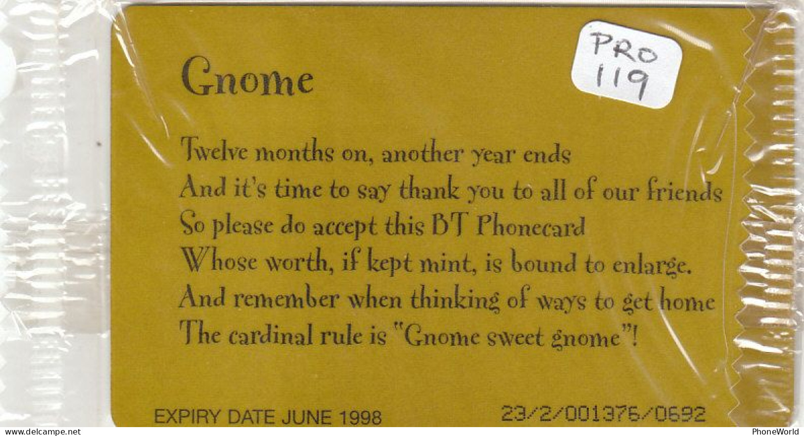 UK, PRO119  Christmas Gnome, Exp 6/98, Limited Edition In Blister 900ex - Other & Unclassified