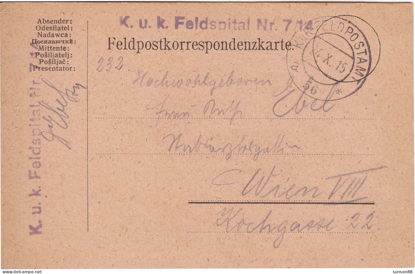 WWI Austria Fieldpost Pc. "FELDSPITAL Nr.714", 1915. X 24. - Santé