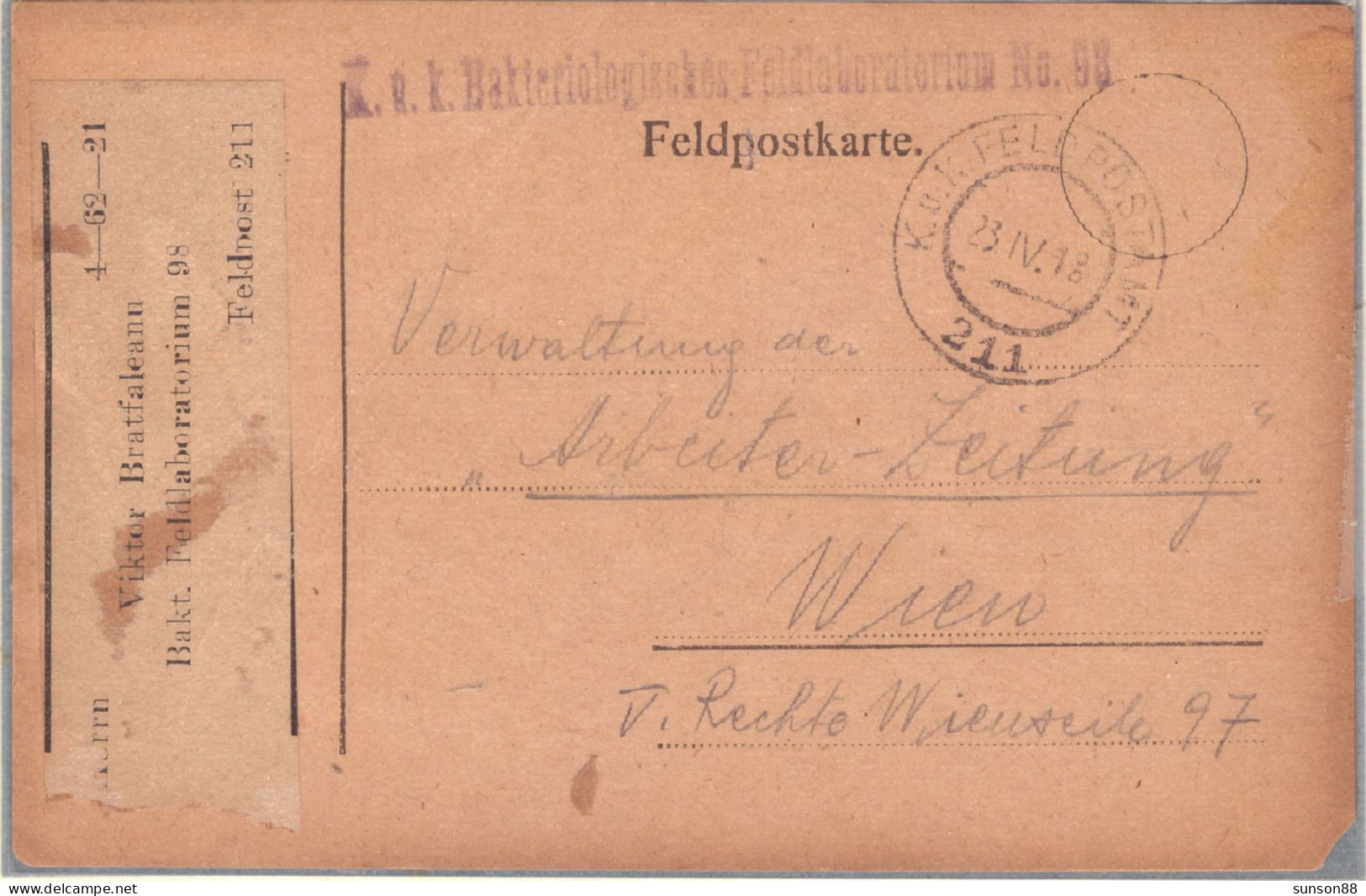 WWI Austria Fieldpost Postcard,1918.   K.u.K. Bakteriologisches Feldlaboratorium No.98. - Santé