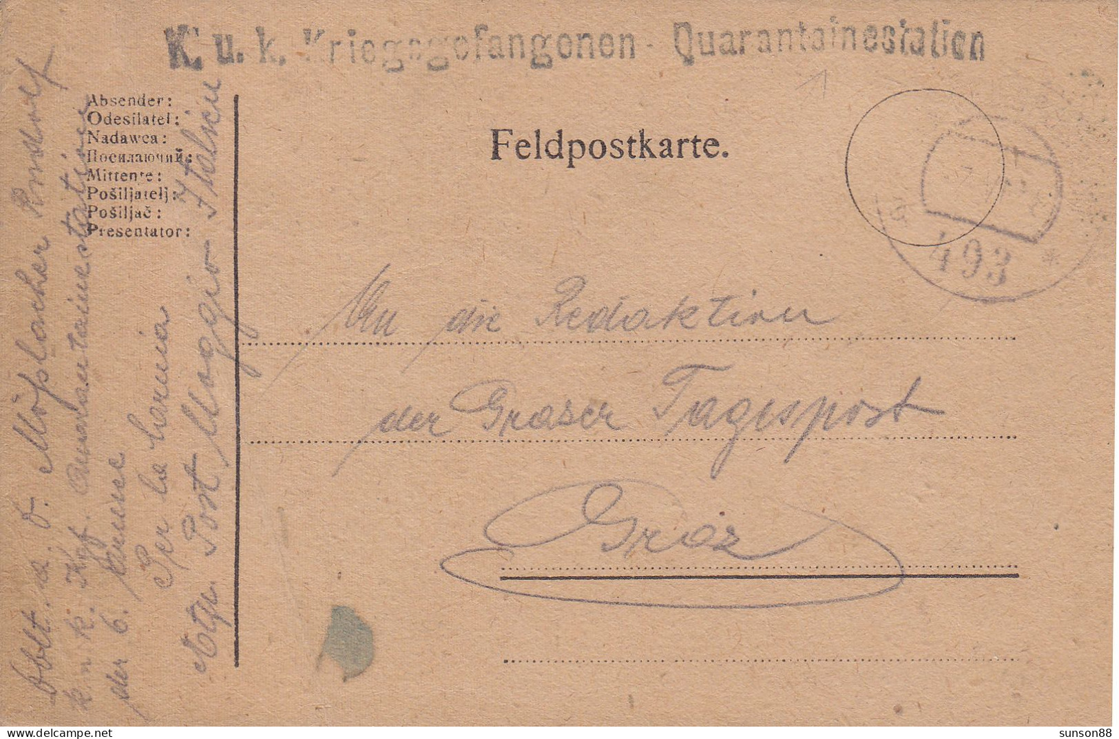 WWI Austria P.O.W.camp Postcard Krieggefangen Quarantainestation. 1917. - Santé