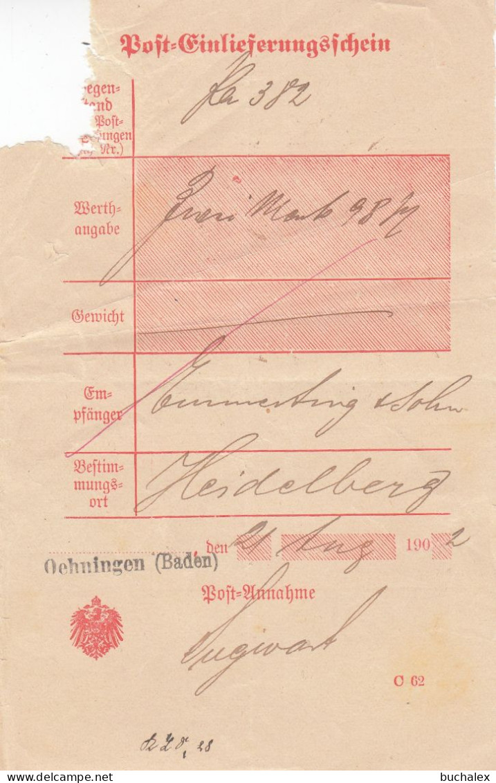 Altdeutschland Baden Post-Einlieferungsschein Aus Dem Jahr 1902 Von Öhningen - Storia Postale