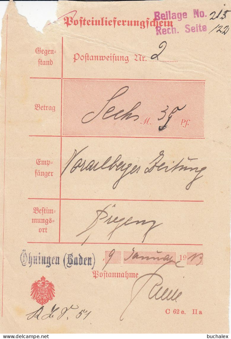 Altdeutschland Baden Post-Einlieferungsschein Aus Dem Jahr 1913 Von Öhningen - Covers & Documents