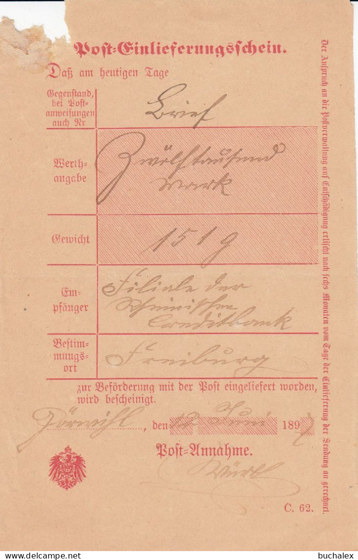 Altdeutschland Baden Post-Einlieferungsschein Aus Dem Jahr 1897 - Covers & Documents