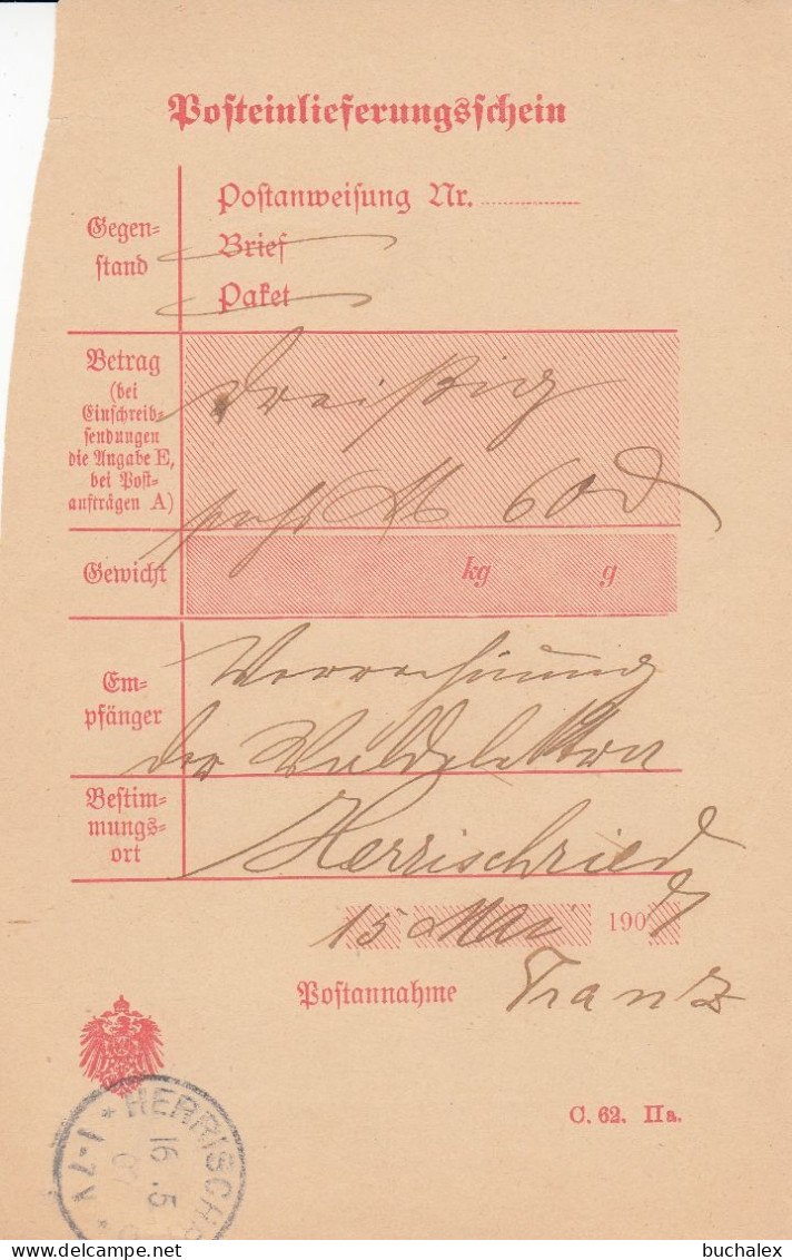 Altdeutschland Baden Post-Einlieferungsschein Aus Dem Jahr 1907 Von Herrischried - Lettres & Documents