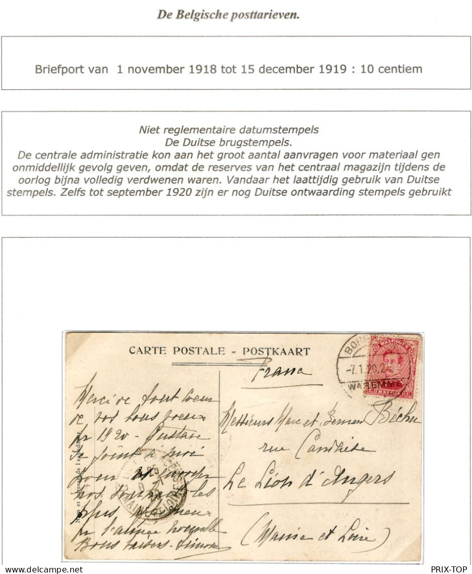 TP 138 S/CP Namur Obl. Càp Waremmen-Bogworm Période Allemande Emploi Tardif 7/1/20 > France C. D'arrivée - Fortune (1919)