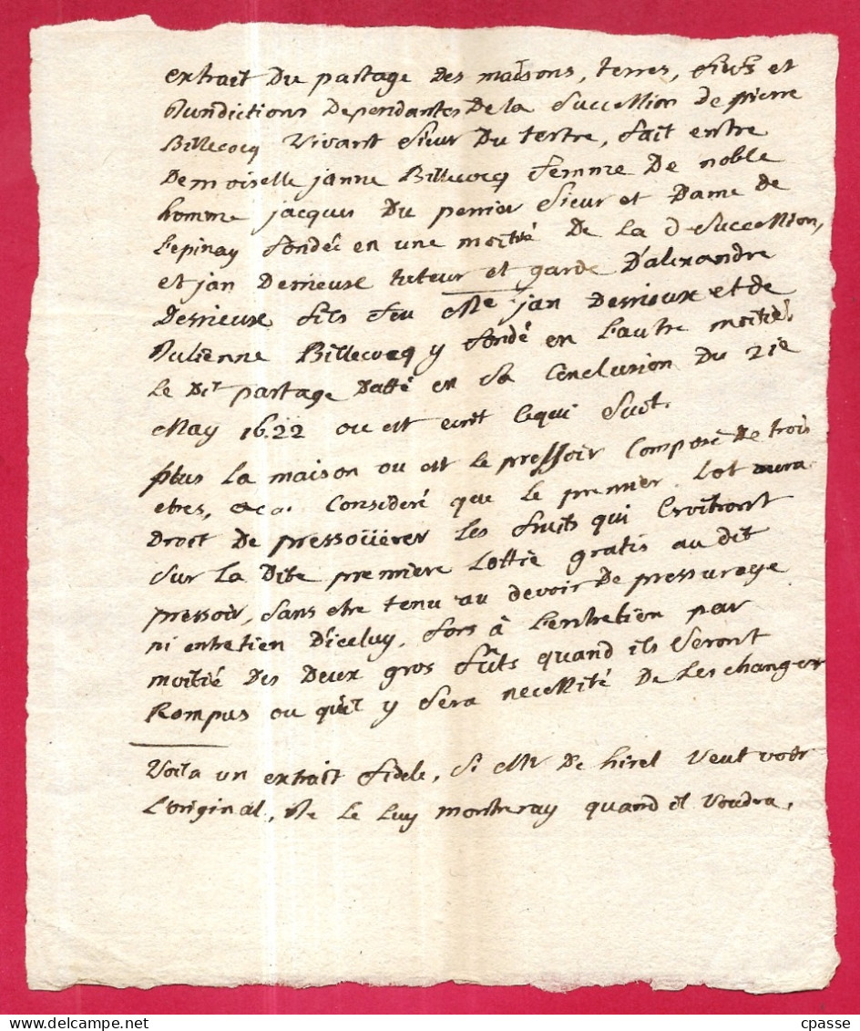 1622 Manuscrit : Extrait De Partage De Biens Suite à Succession ** Noblesse - Manuscrits